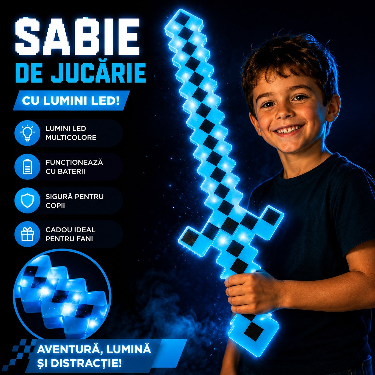 Sabie de jucărie albastră, cu lumini , 62 cm – sabie din plastic pentru copii