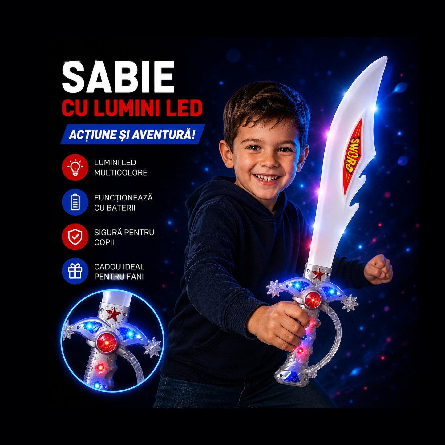 Sabie de jucărie cu lumini LED, 55 cm – sabie din plastic pentru copii, efecte luminoase