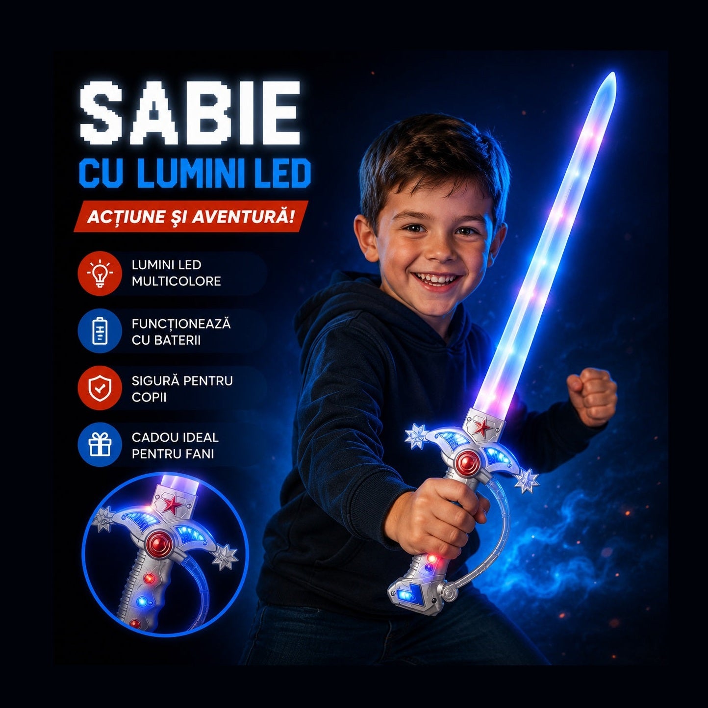 Sabie de jucărie cu lumini LED, 70 cm – sabie din plastic pentru copii, efecte luminoase