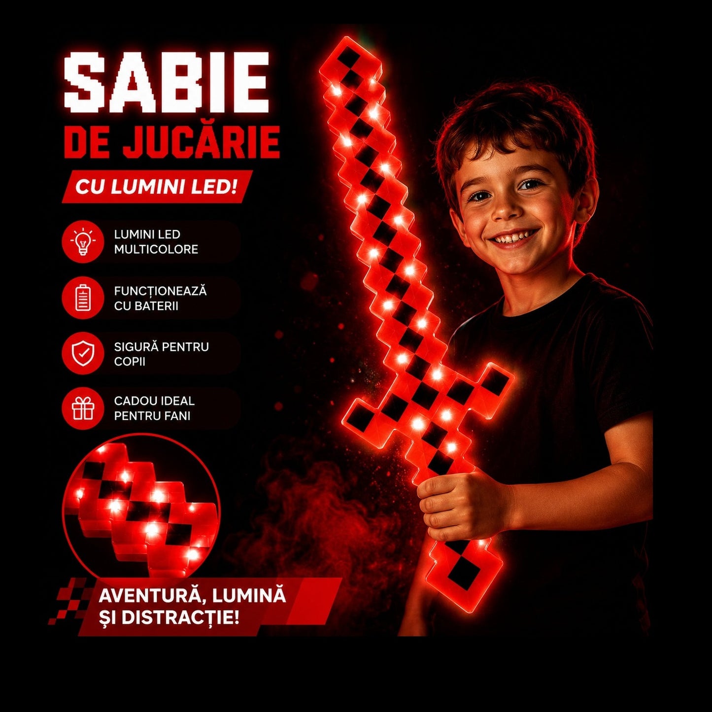 Sabie de jucărie rosie , cu lumini , 62 cm – sabie din plastic pentru copii