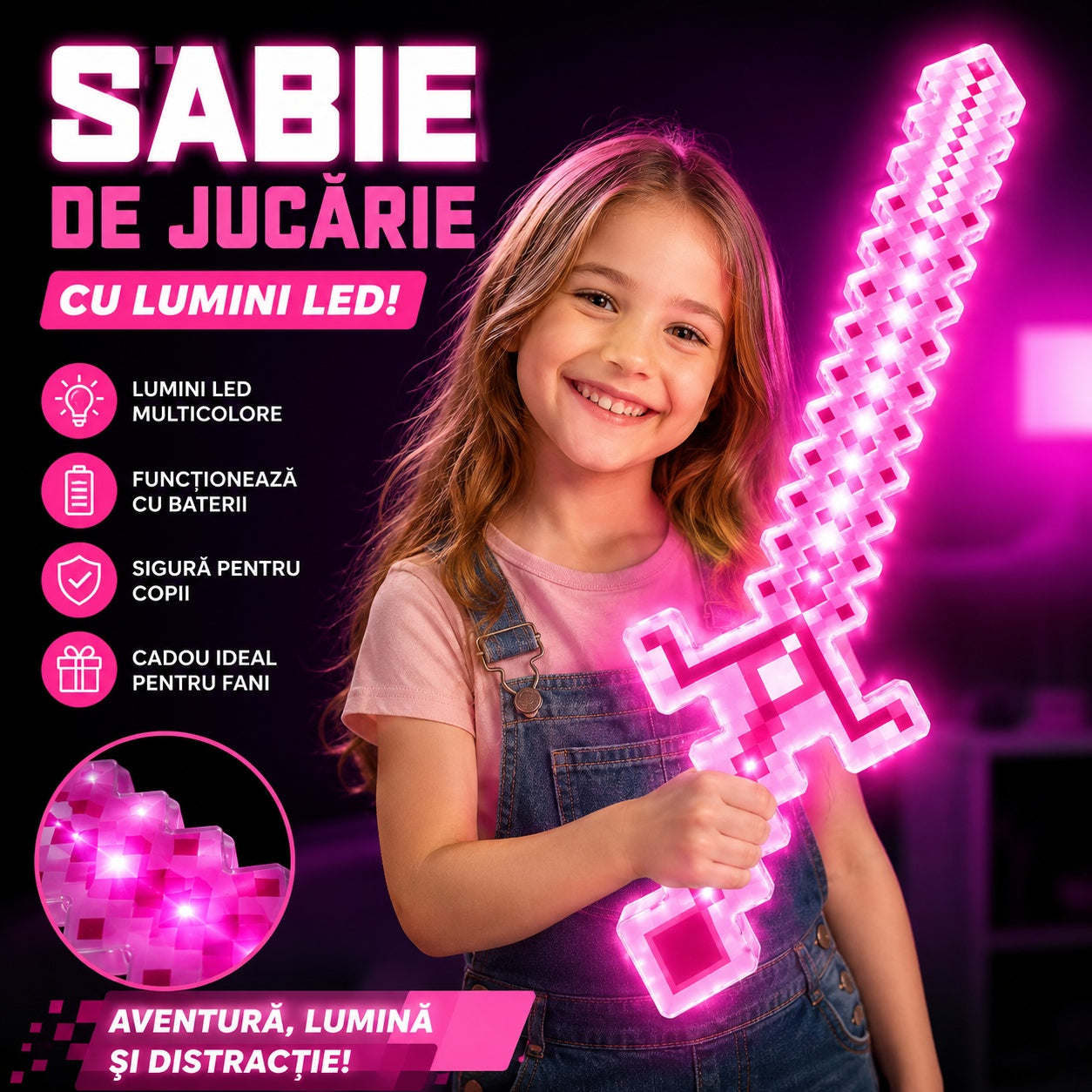 Sabie de jucărie roz, cu lumini , 54 cm – sabie din plastic pentru copii