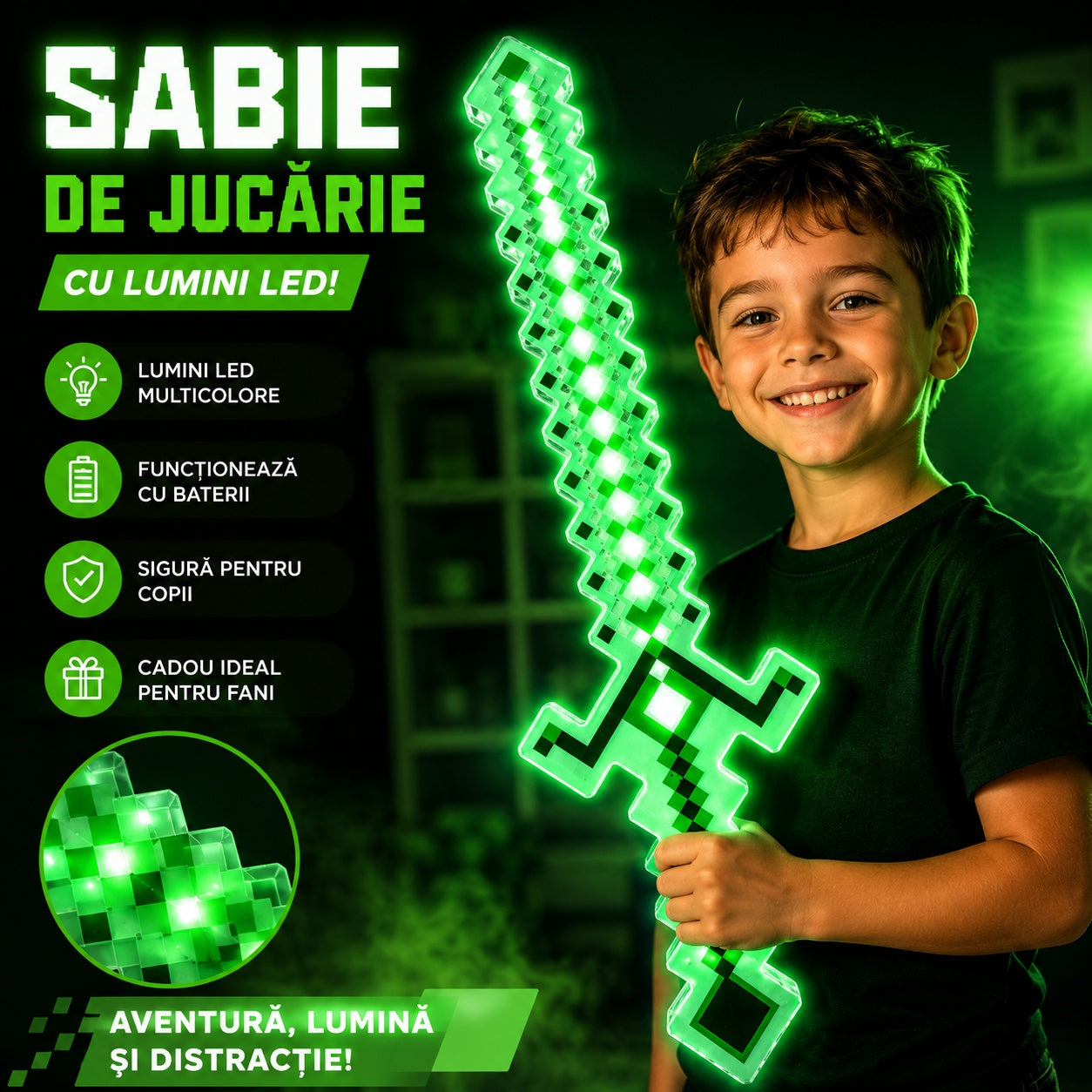 Sabie de jucărie verde, cu lumini , 54 cm – sabie din plastic pentru copii