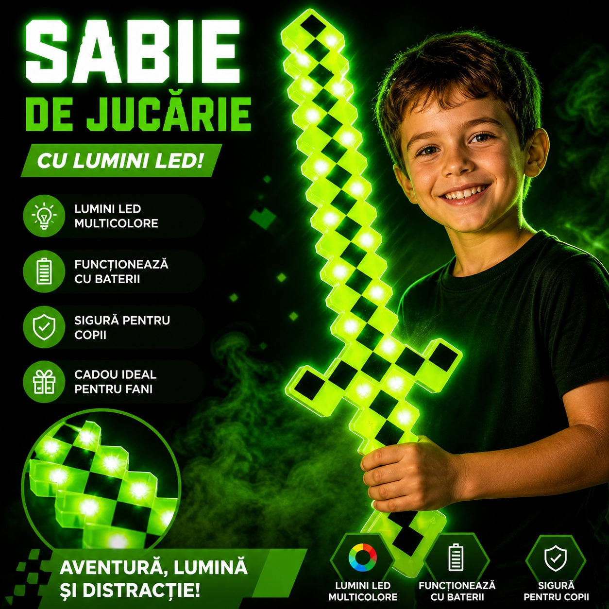 Sabie de jucărie verde, cu lumini , 62 cm – sabie din plastic pentru copii