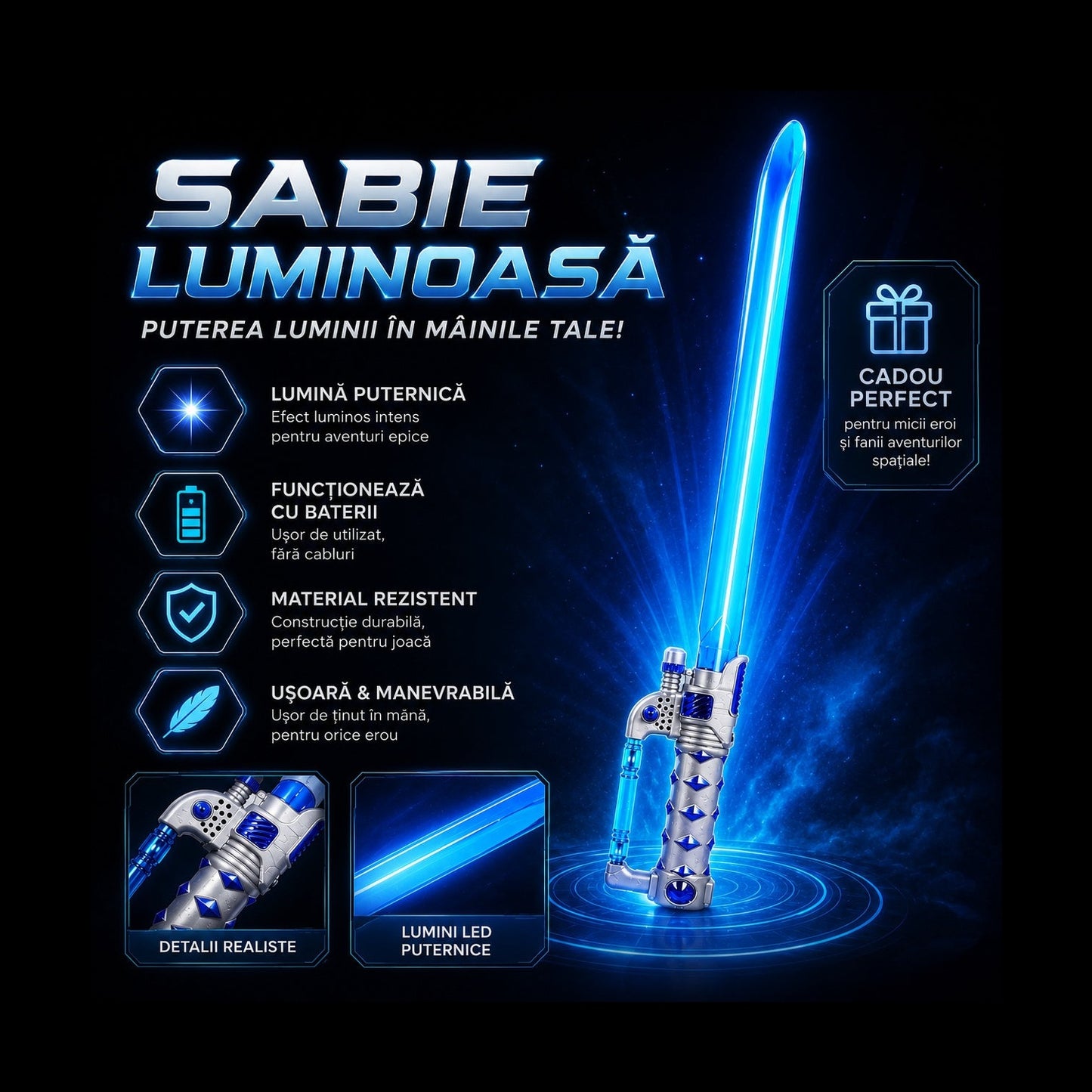Sabie laser de jucărie albastră cu lumini LED, 65 cm – sabie din plastic pentru copii