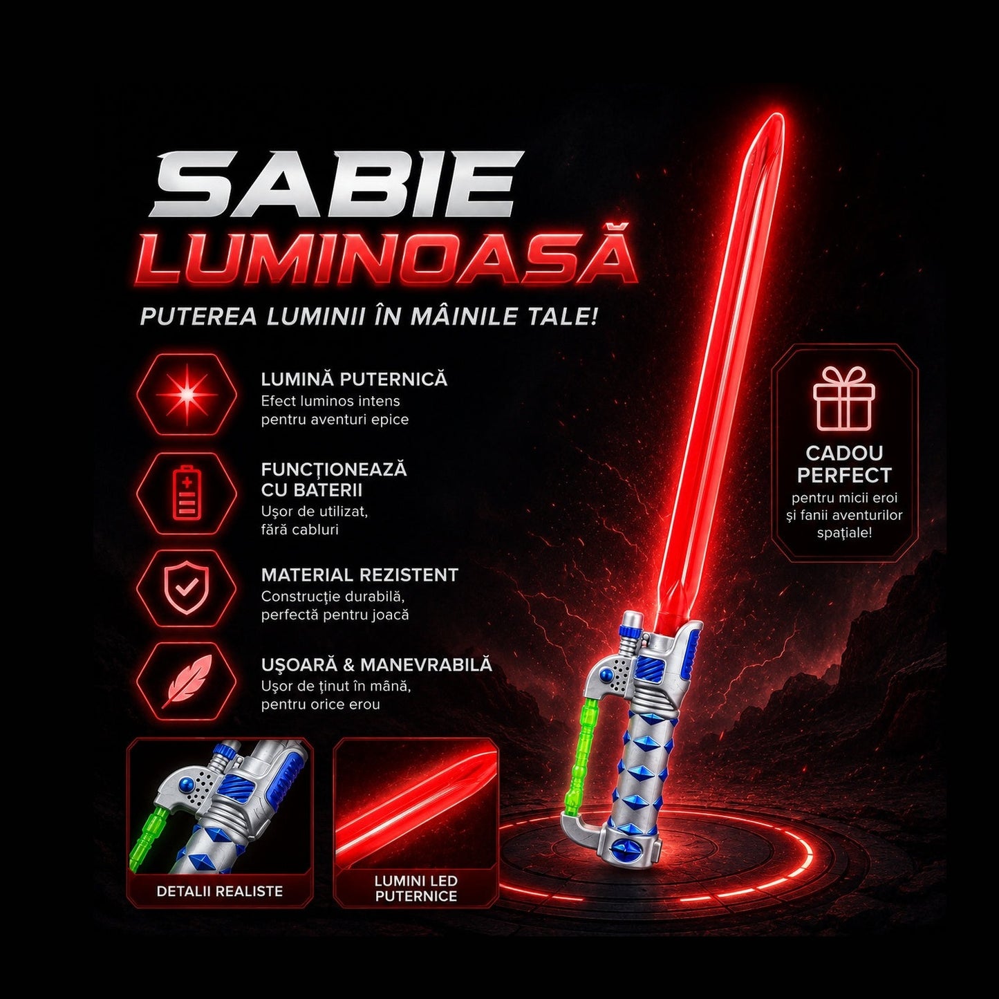 Sabie laser de jucărie roșie cu lumini LED, 65 cm – sabie din plastic pentru copii