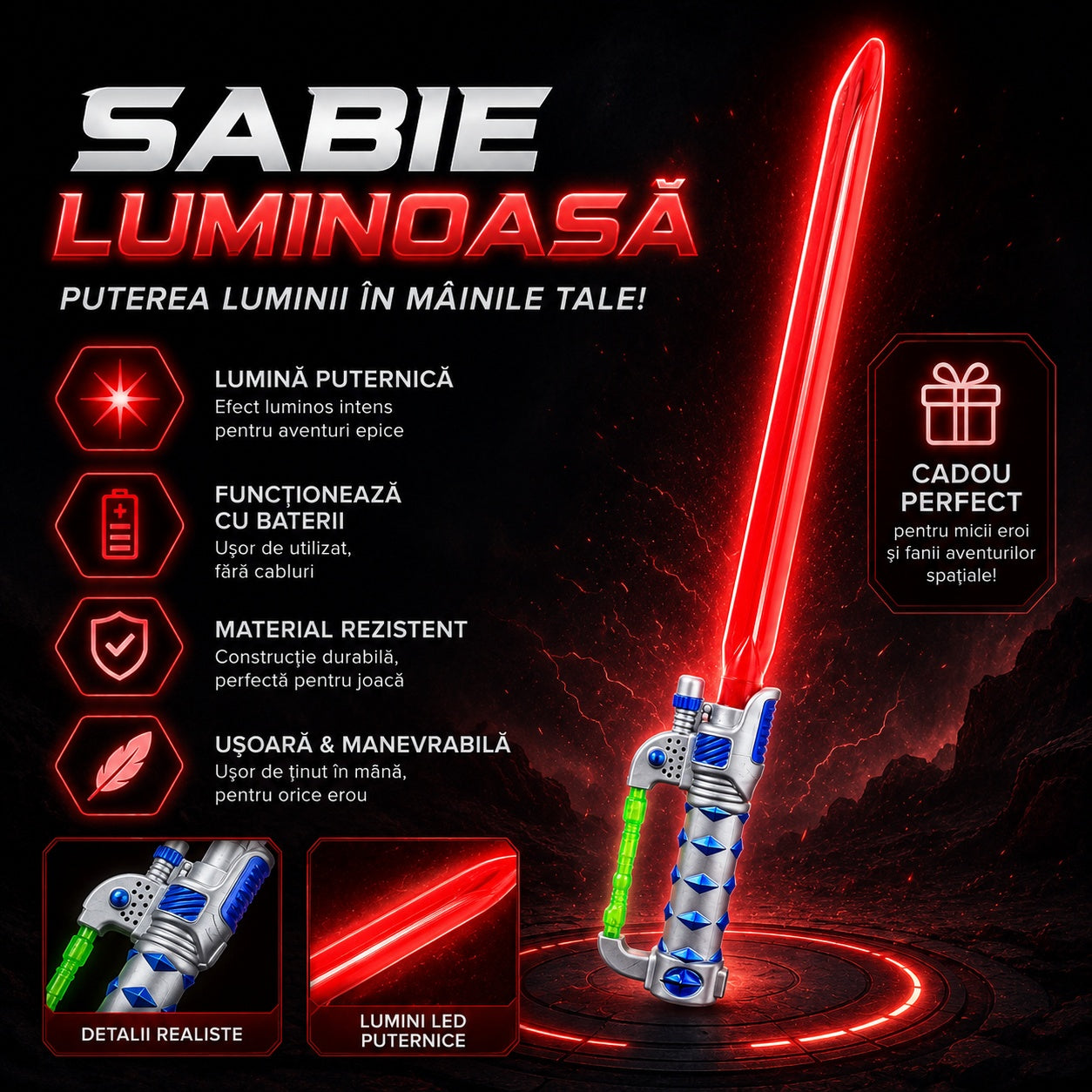 Sabie laser de jucărie roșie cu lumini LED, 65 cm – sabie din plastic pentru copii