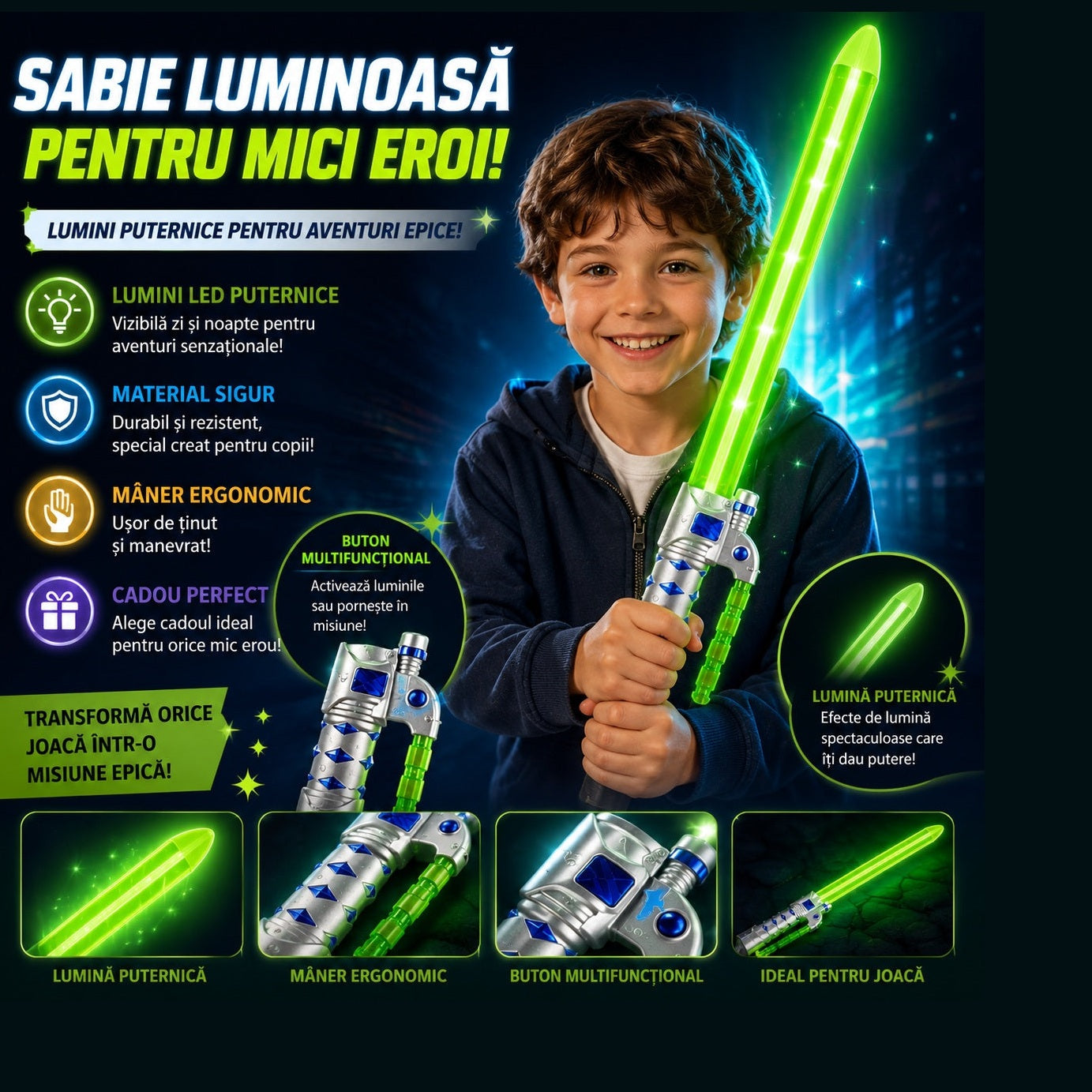 Sabie laser de jucărie verde cu lumini LED, 65 cm – sabie din plastic pentru copii
