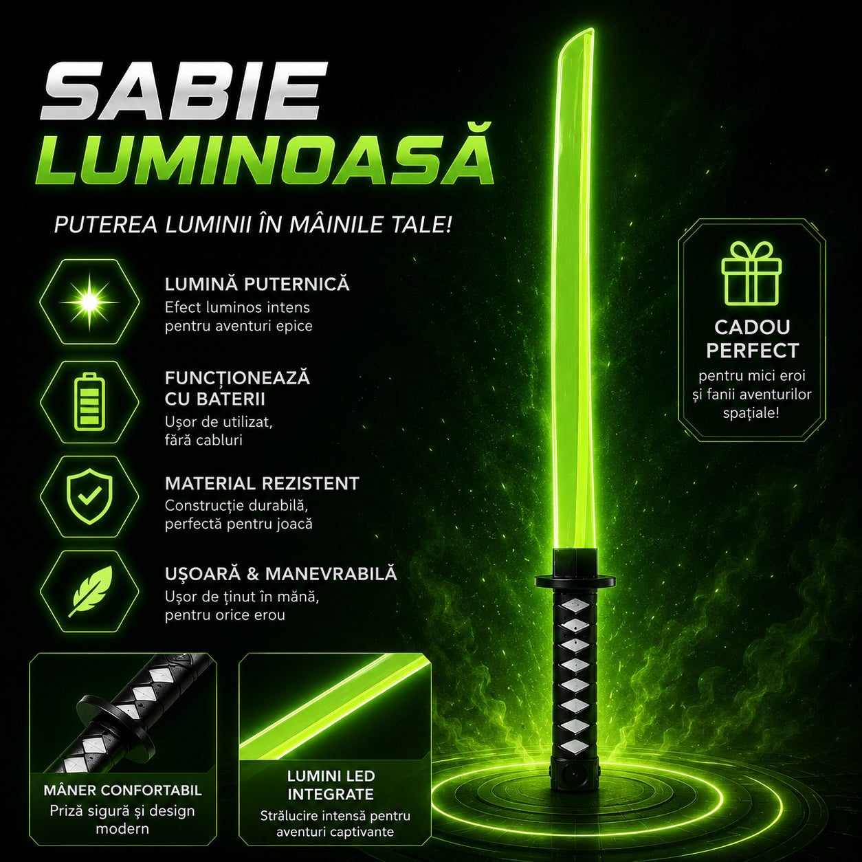 Sabie verde cu teacă și lumini LED, 67 cm – sabie de jucărie din plastic pentru copii