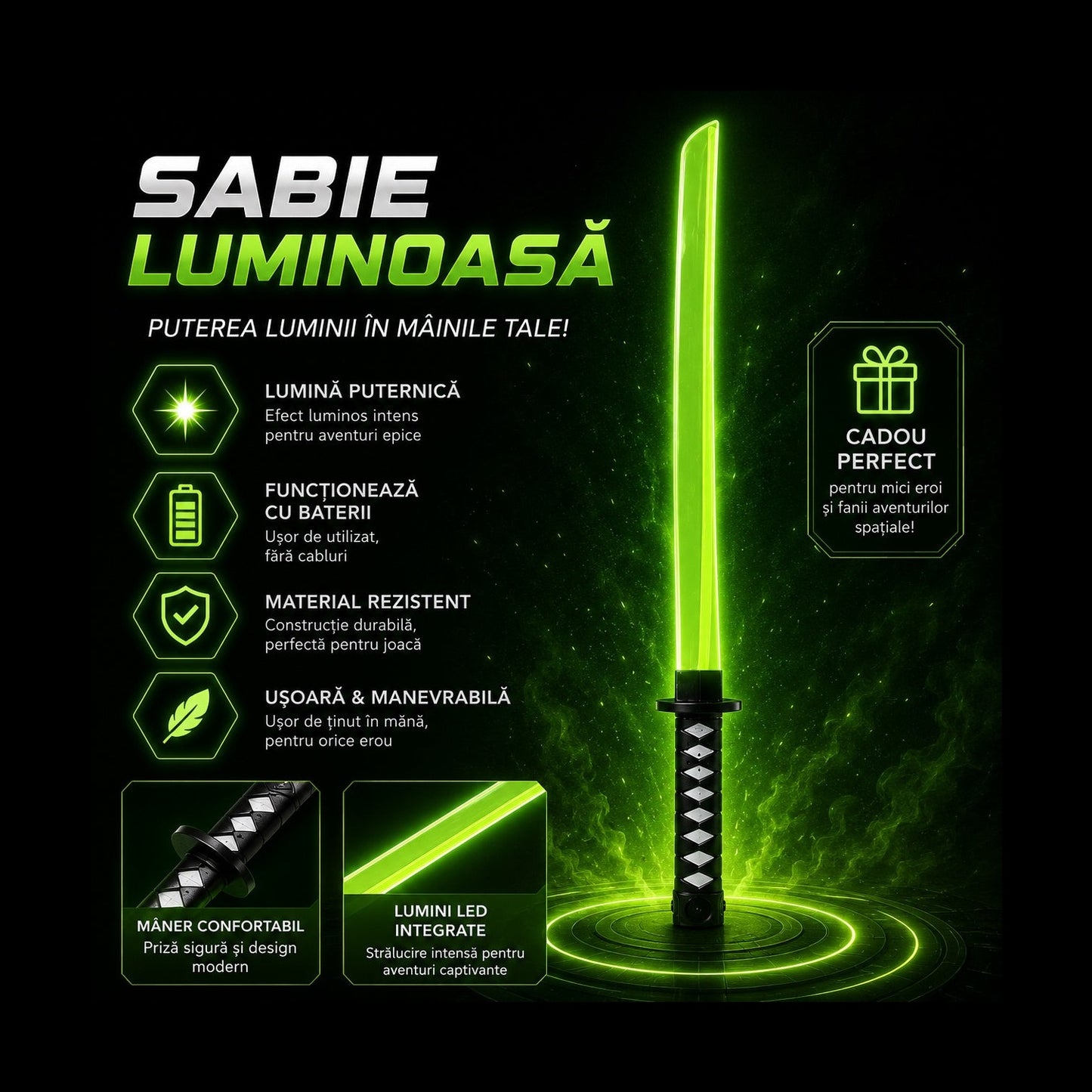 Sabie verde cu teacă și lumini LED, 67 cm – sabie de jucărie din plastic pentru copii