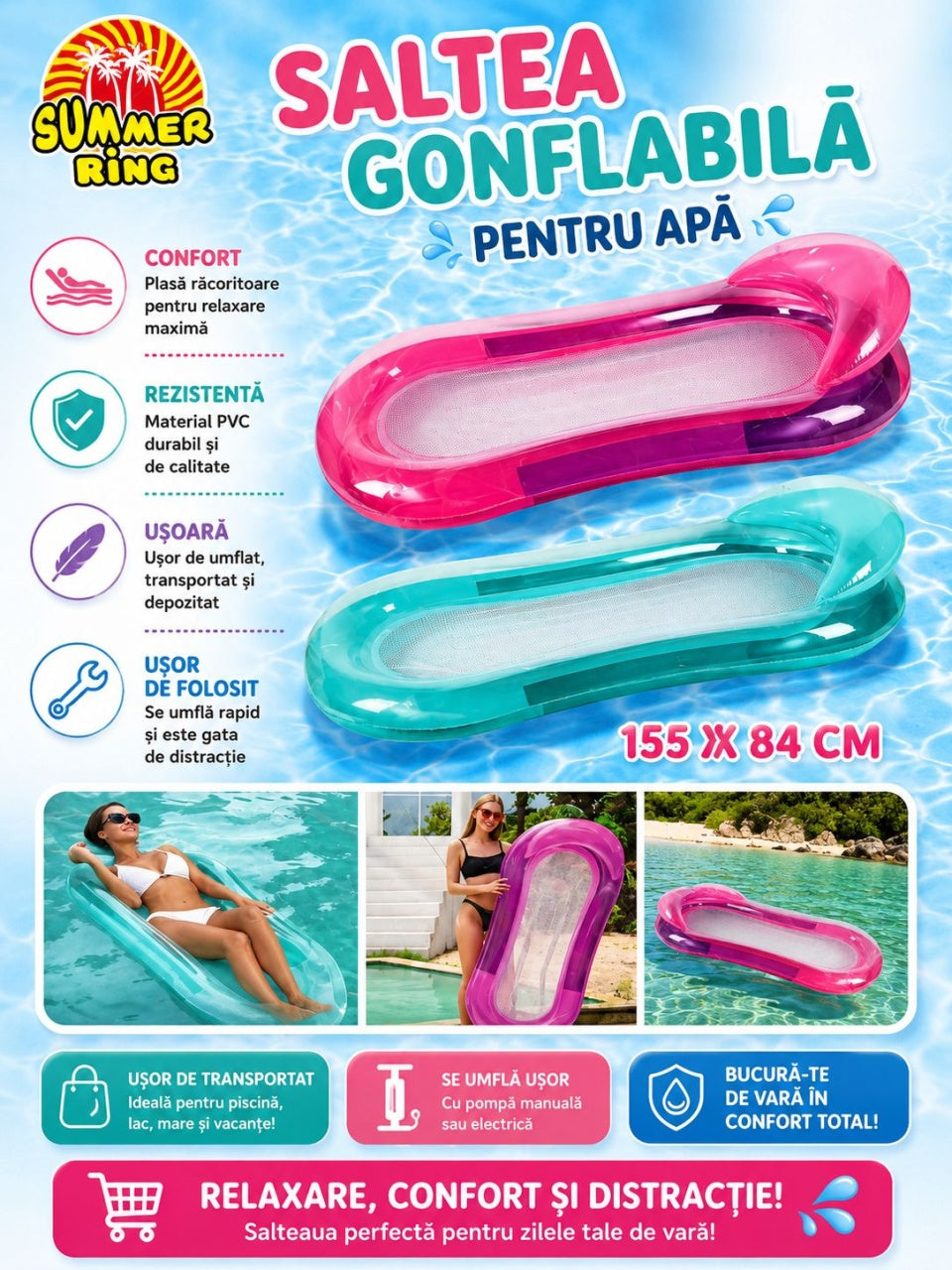 Saltea Gonflabila pentru Apa Albastra, 155x84cm, PVC Rezistent