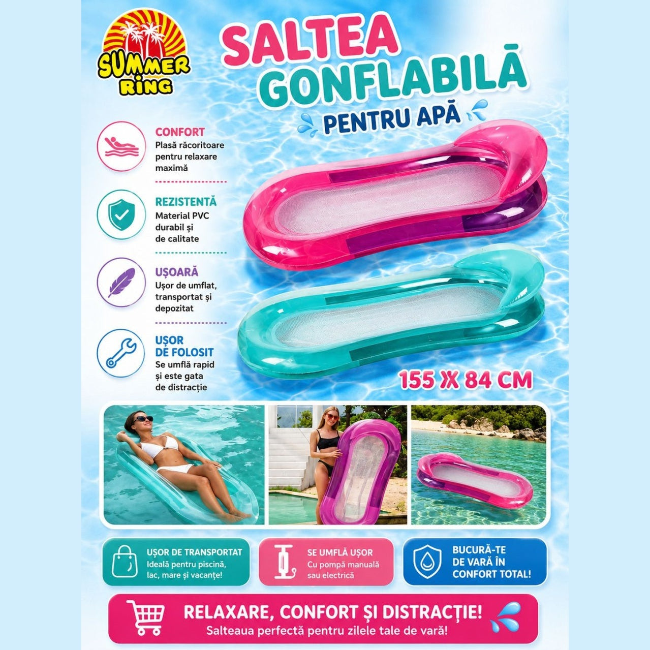 Saltea Gonflabila pentru Apa , Mov, 155x84cm , PVC Rezistent
