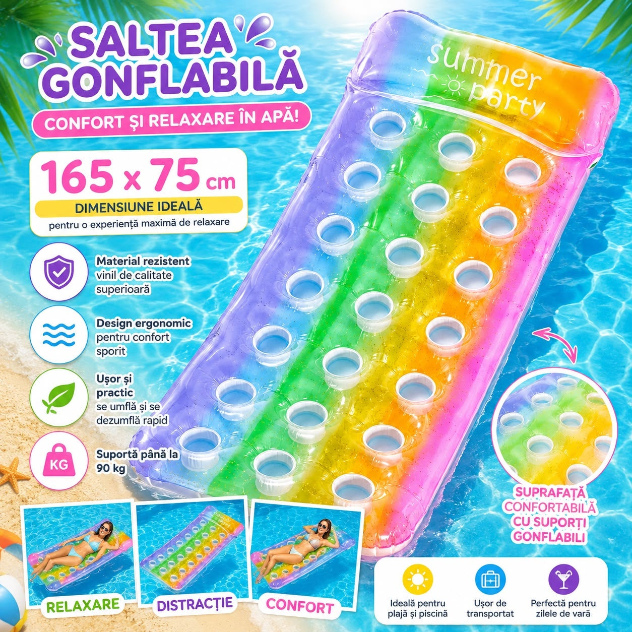 Saltea Gonflabilă Rainbow 165 x 75 cm cu Pernă Integrată – Colac de Relaxare pentru Piscină și Plajă