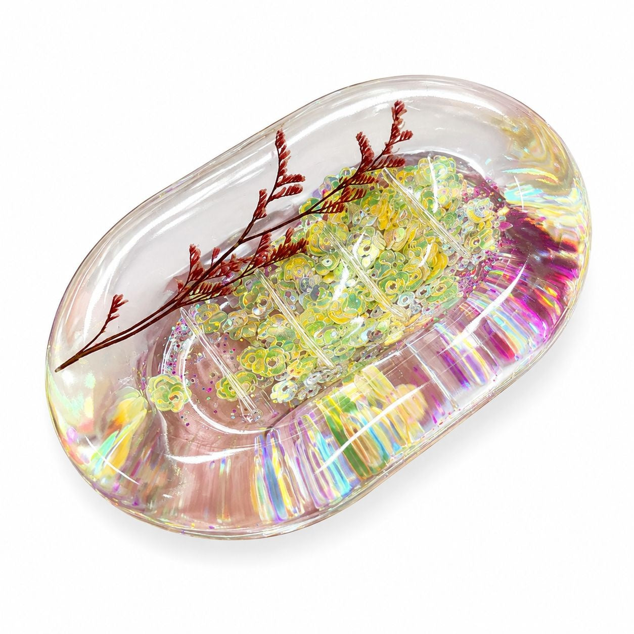 Săpunieră Decorativă Transparentă cu Flori și Efect Iridescent – Accesoriu Elegant pentru Baie