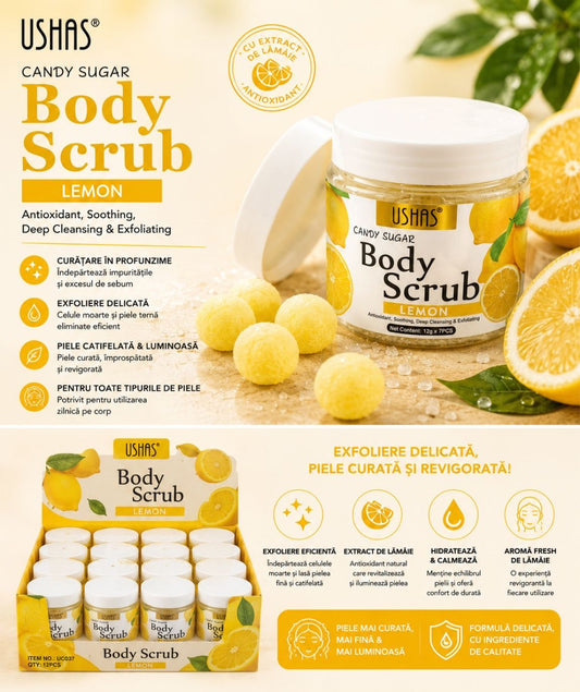 Scrub de Corp cu Lămâie Ushas Candy Sugar Body Scrub – Exfoliant cu Extract de Lămâie