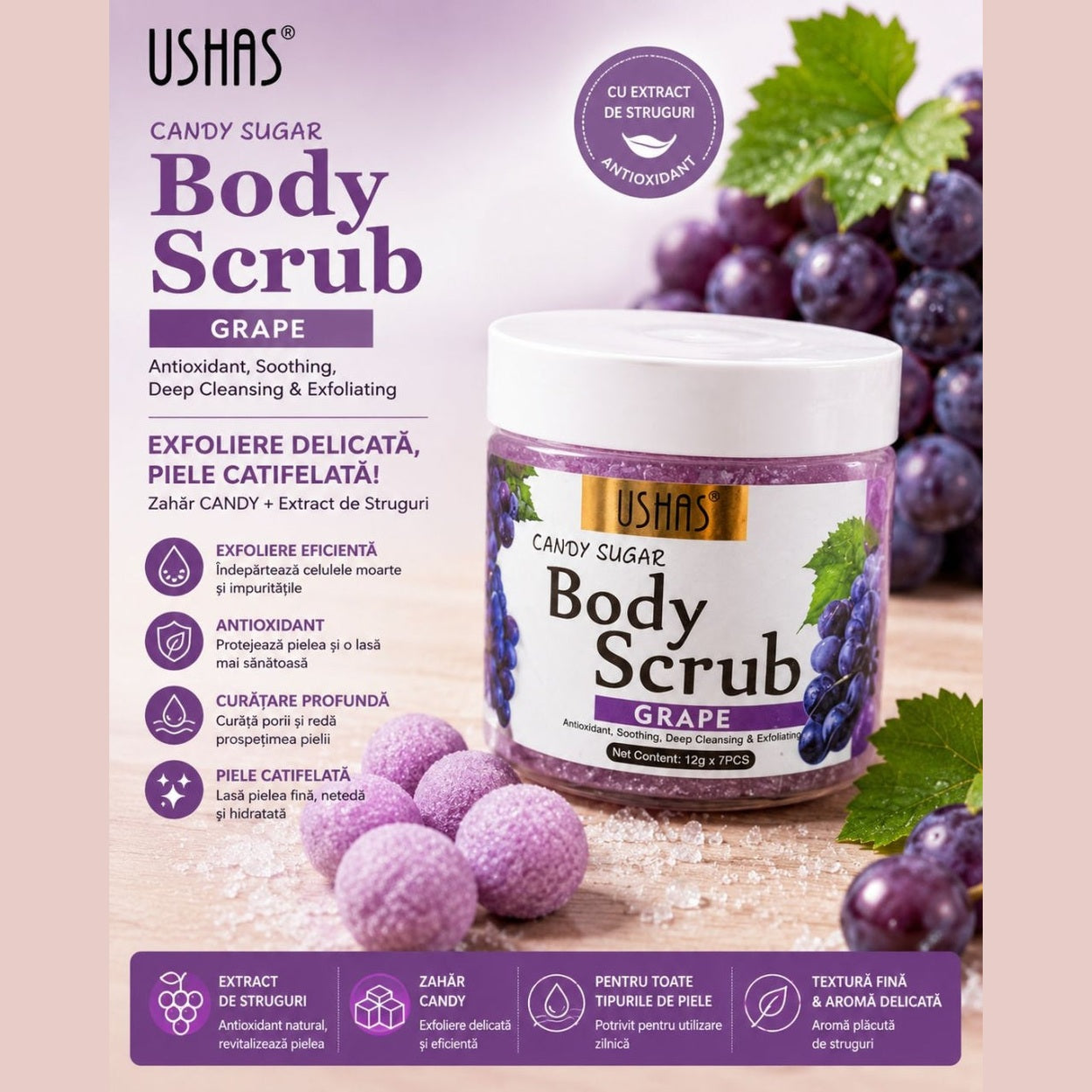 Scrub de Corp cu Struguri Ushas Candy Sugar – Exfoliant cu Extract de Struguri, Curățare Profundă