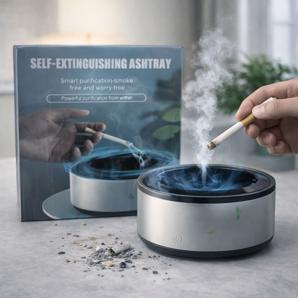 Scrumiera electrica cu purificator de aer si filtru pentru fum, sistem auto stingere tigari