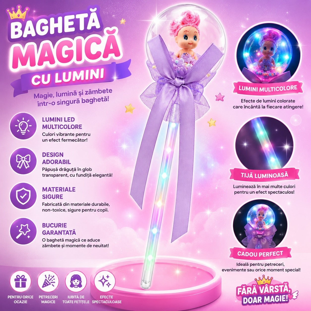 Set 10 baghete magice cu lumini LED mov si papusica in glob pentru copii