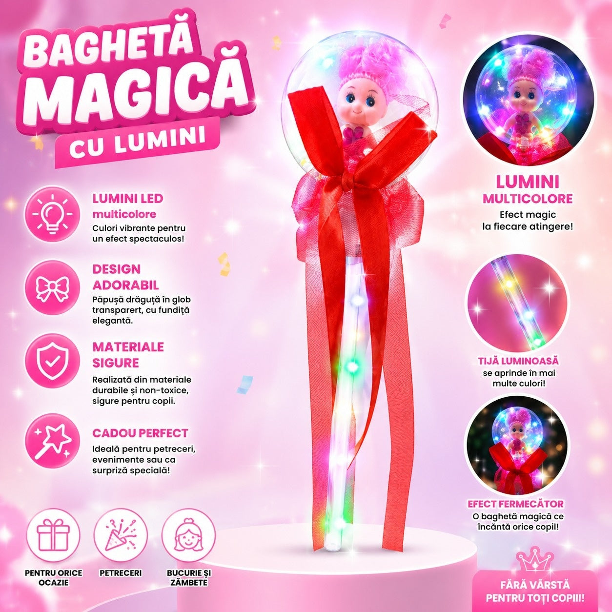 Set 10 baghete magice cu lumini LED rosii si papusica pentru copii, efect multicolor