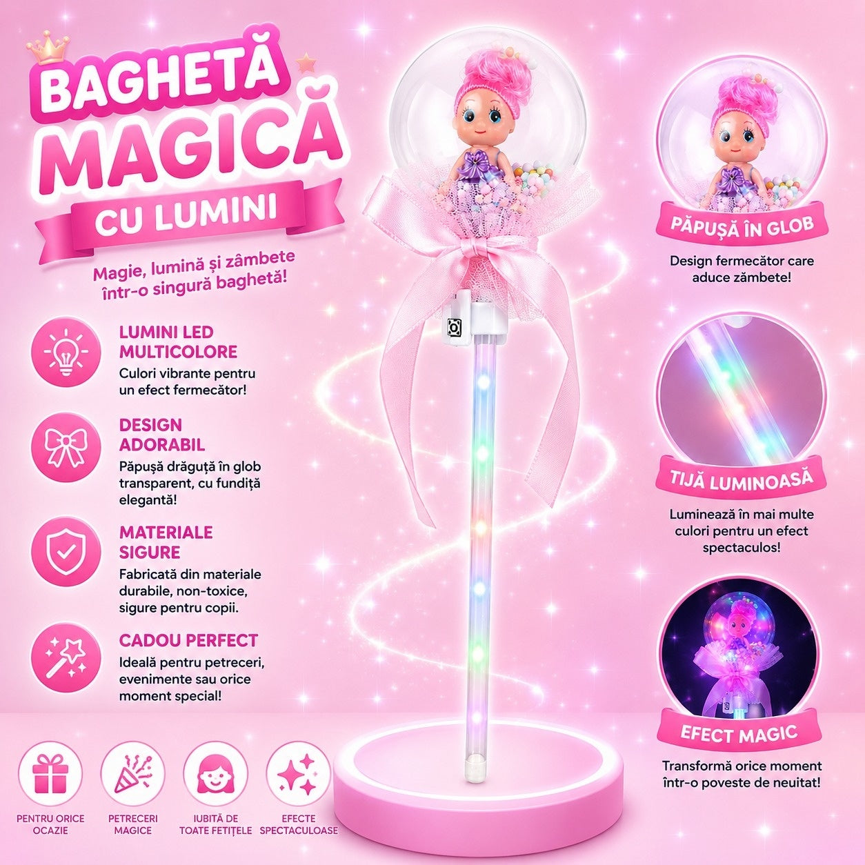 Set 10 baghete magice cu lumini LED roz deschis si papusica in glob pentru copii