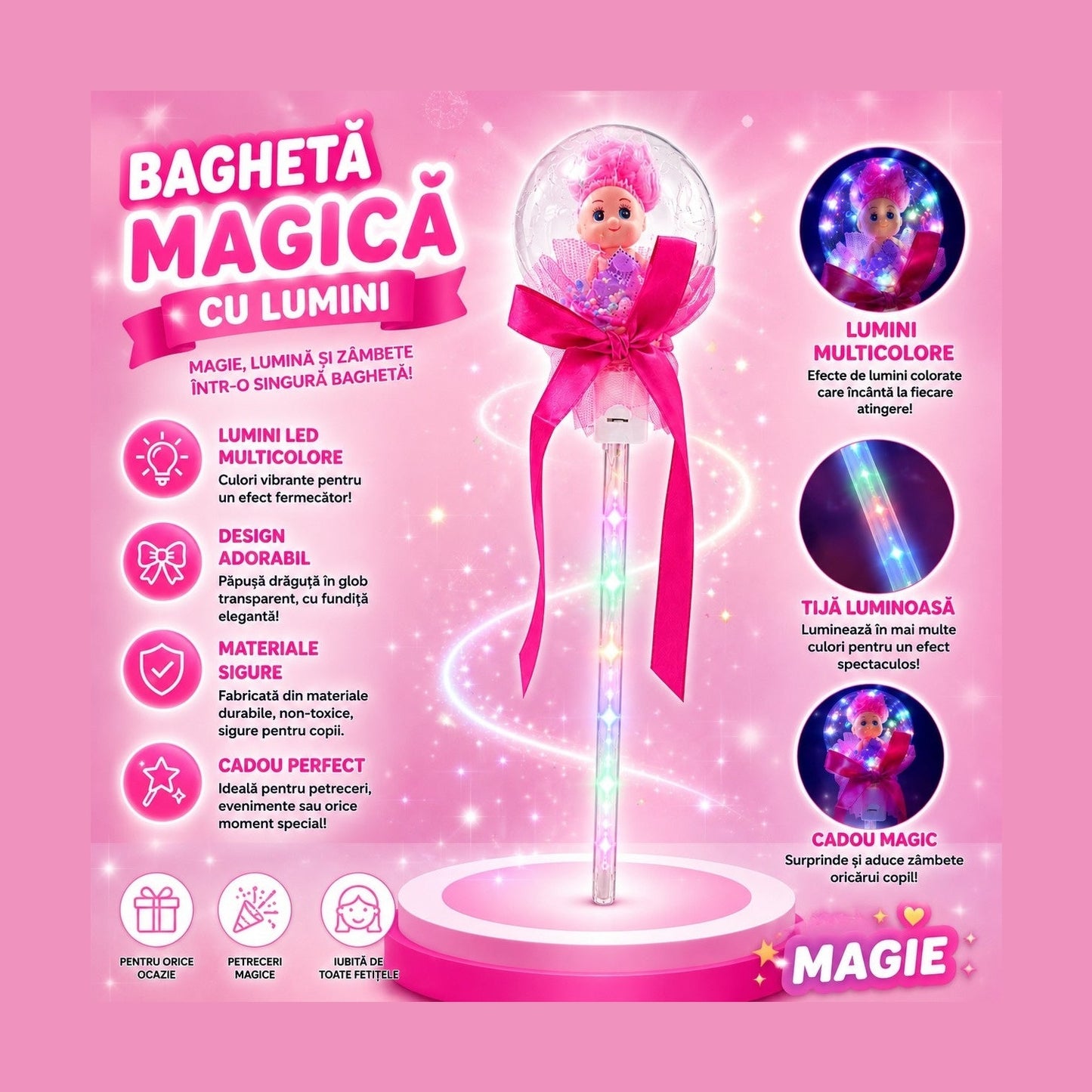 Set 10 baghete magice cu lumini LED roz si papusica in glob pentru copii