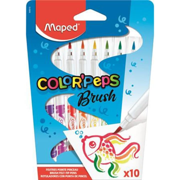 Set 10 carioci cu varf de pensula Maped Color Peps Brush , culori intense pentru desen si pictura creativa,