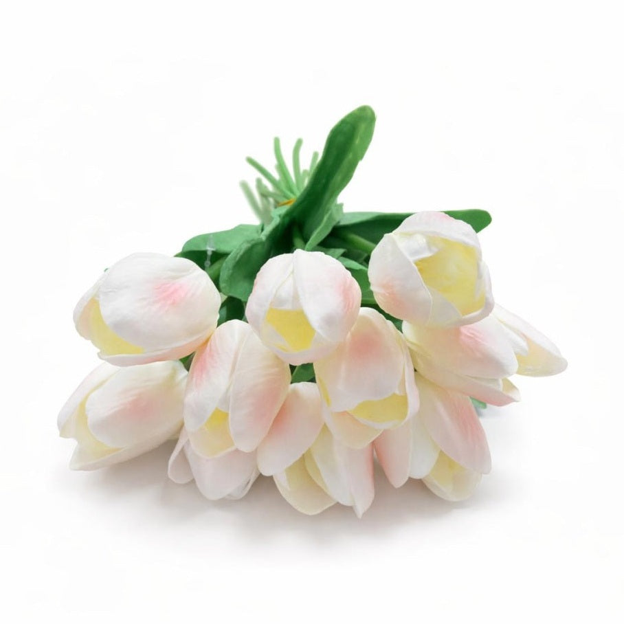 Set 10 lalele artificiale alb cu roz delicat soft touch, fir individual, 33cm
