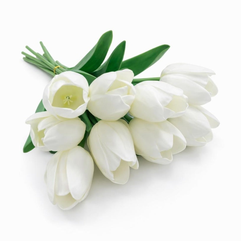 Set 10 lalele artificiale alb pur soft touch fir individual 33cm