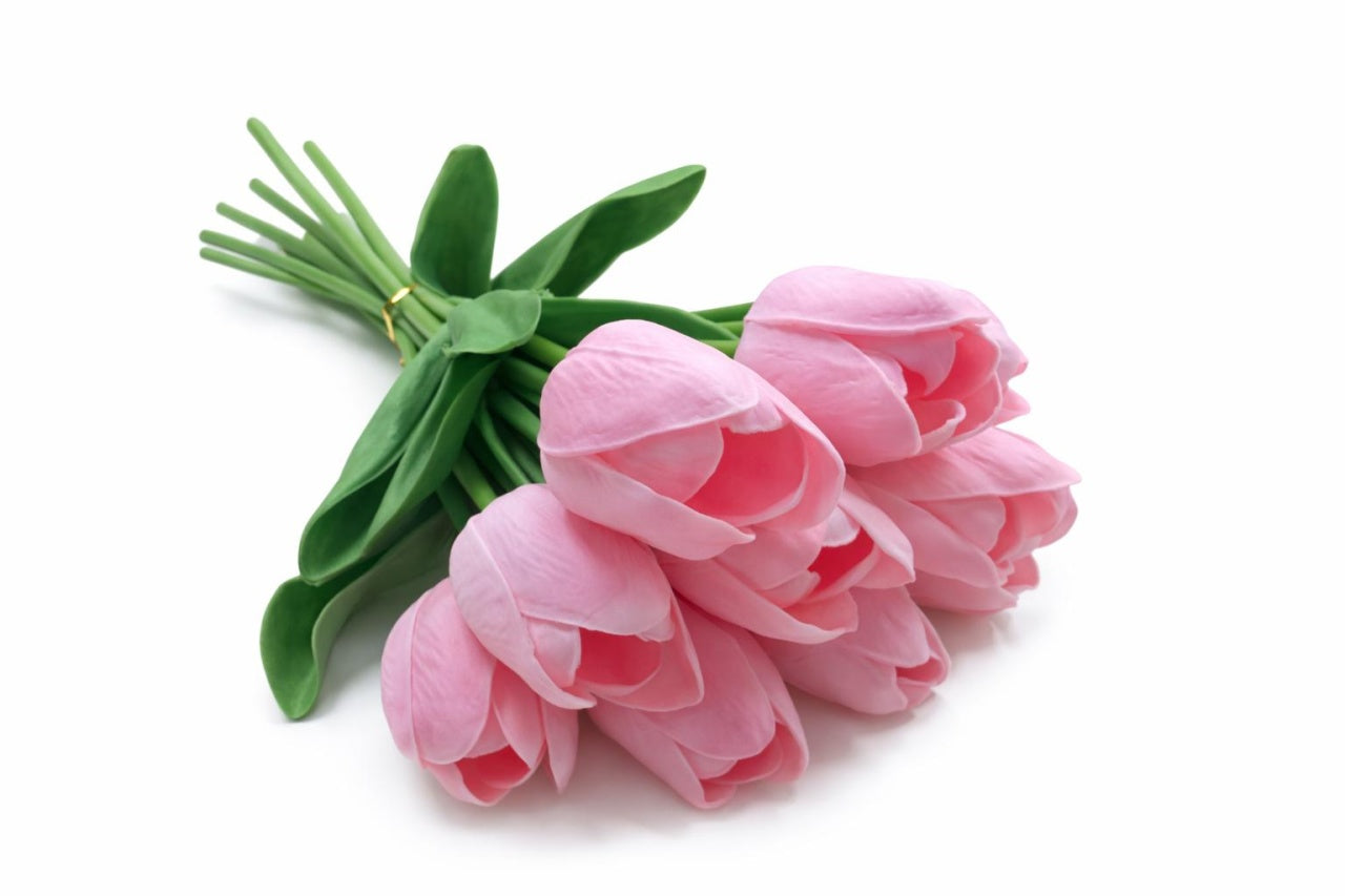 Set 10 lalele artificiale roz delicat soft touch, fir individual 33cm