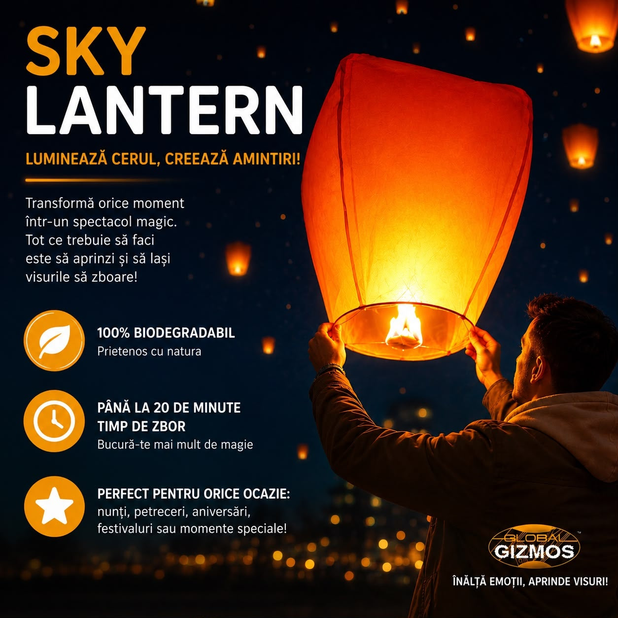 Set 10 Lampioane Zburătoare Sky Lantern, 100% Biodegradabile, pentru Nunți, Petreceri și Evenimente