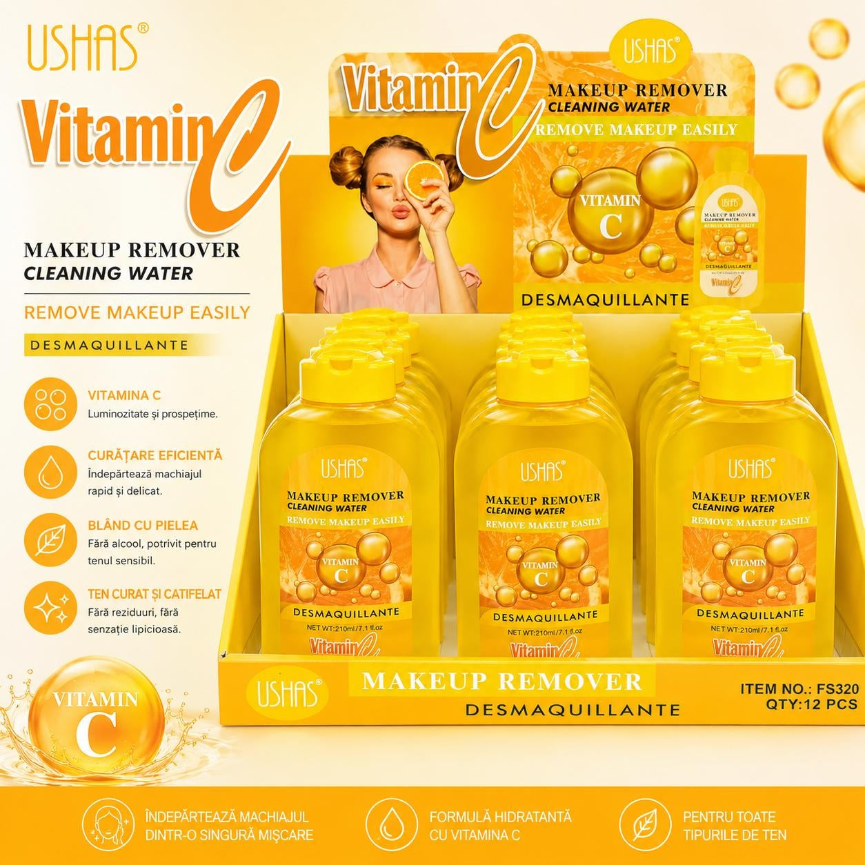 Set 12 Apă Micelară Demachiantă cu Vitamina C USHAS 210 ml – Curățare Delicată și Luminozitate