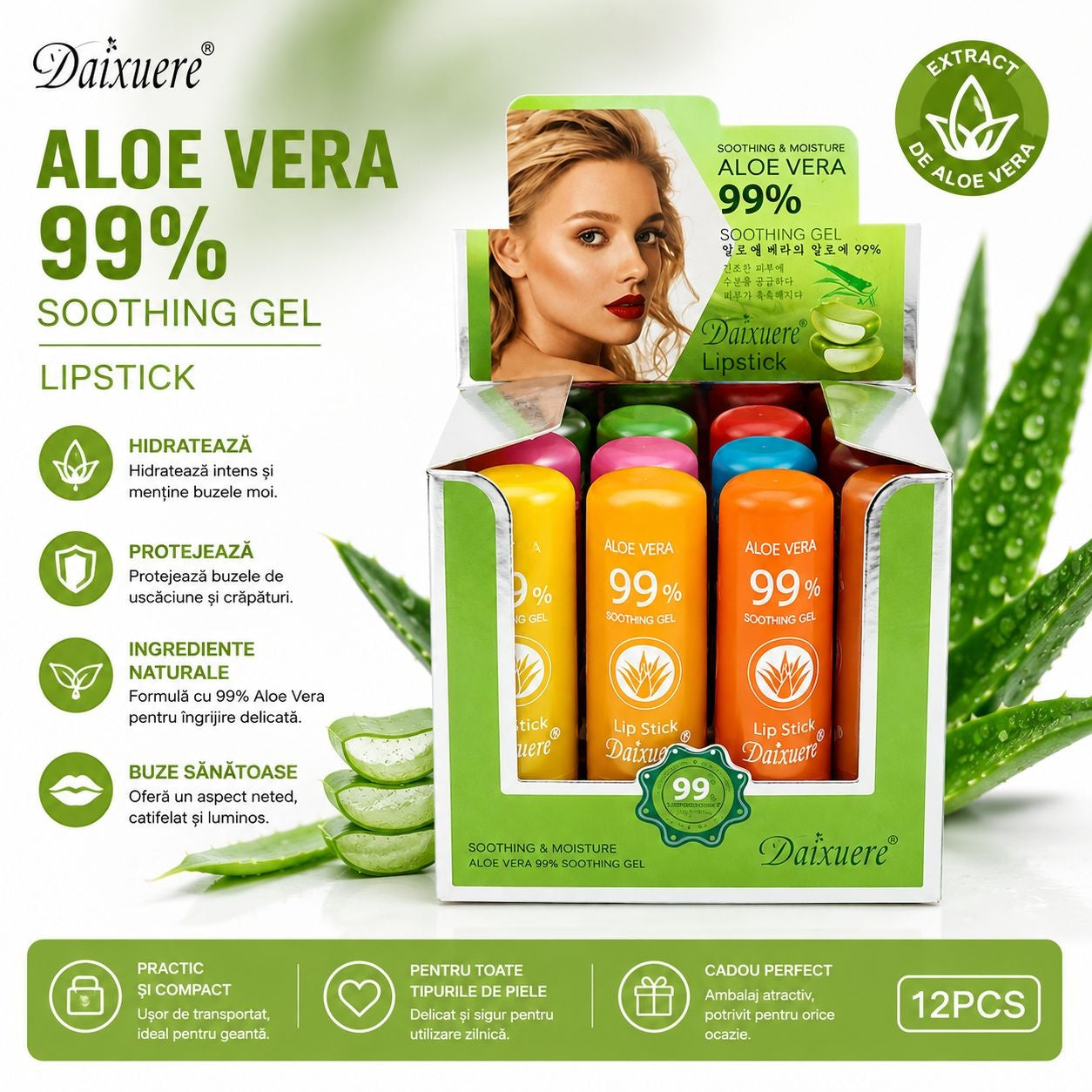 Set 12 Balsam de Buze cu Aloe Vera – Hidratare Intensă și Protecție Zilnică