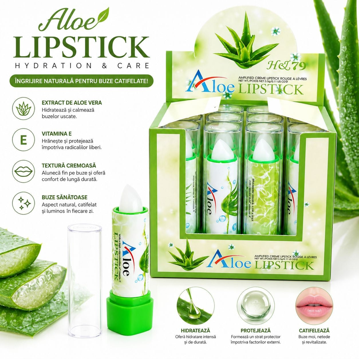 Set 12 Balsam de Buze cu Aloe Vera și Vitamina E – Hidratare Intensă și Îngrijire Naturală