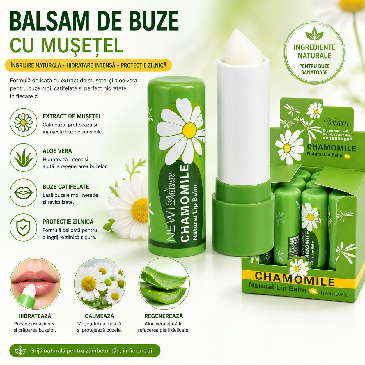 Set 12 Balsam de Buze cu Mușețel și Aloe Vera – Chamomile Natural Lip Balm Hidratant