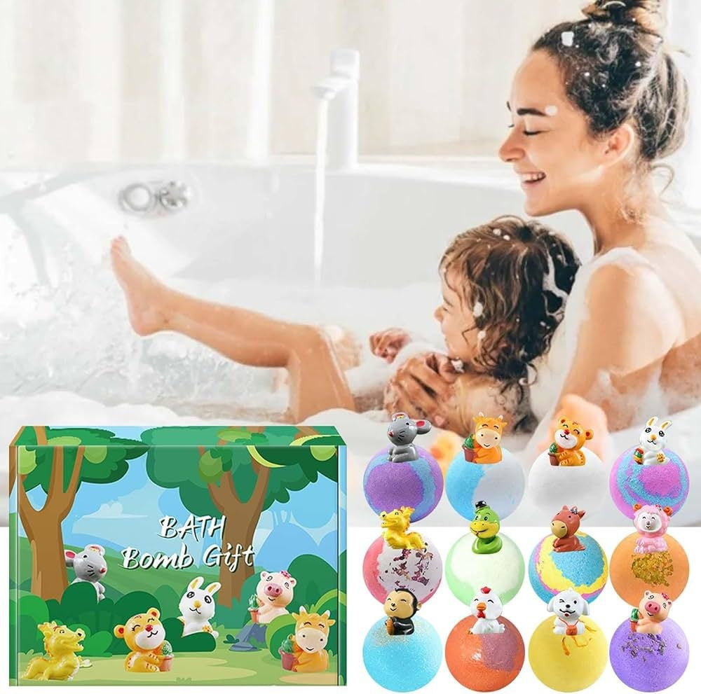 Set 12 Bile Efervescente de Baie pentru Copii cu Figurine Surpriză – Bombe de Baie Colorate cu Animăluțe