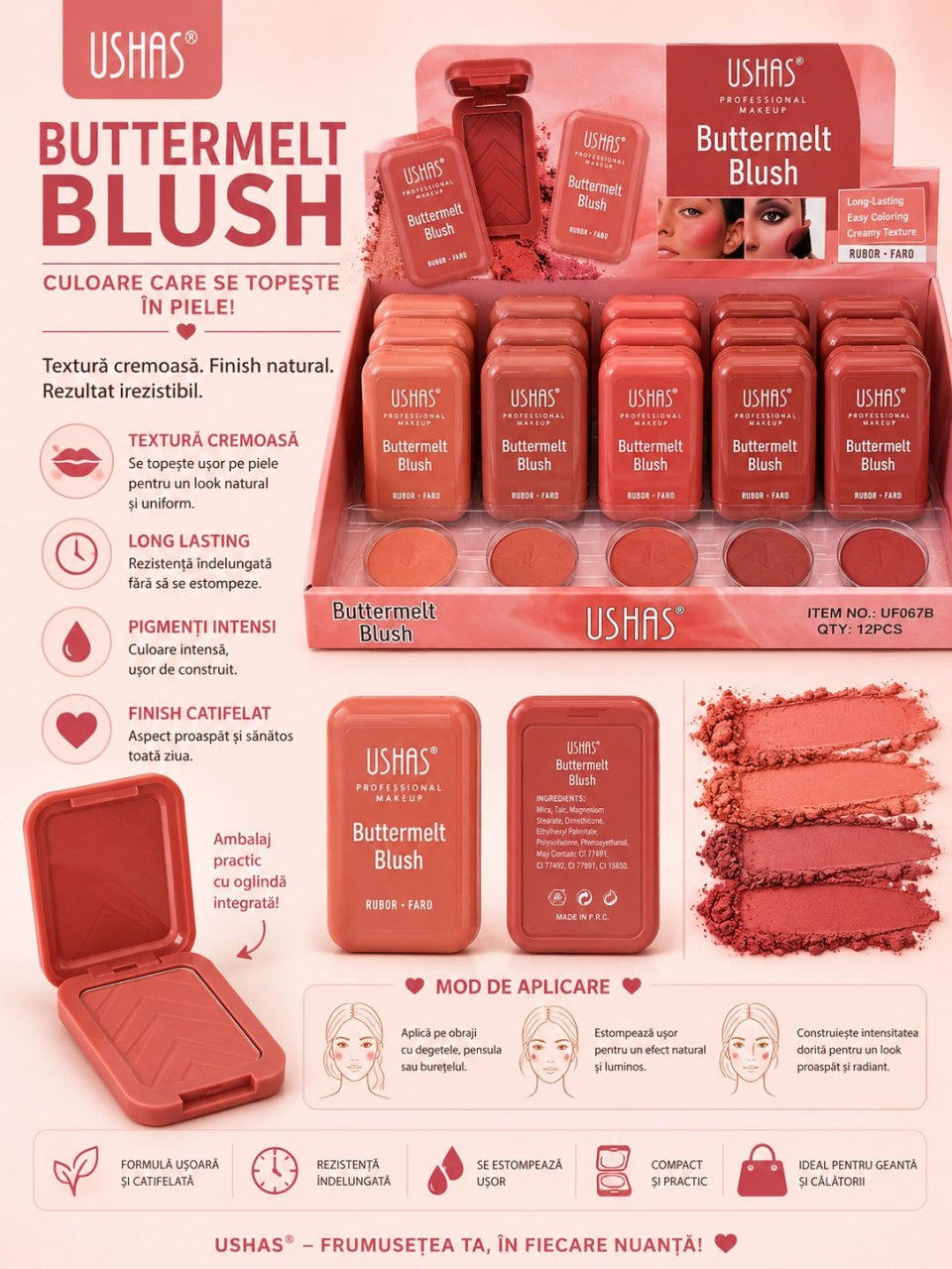 Set 12 Blush-uri USHAS Buttermelt – Nuanțe Nude, Textură Catifelată, Finish Natural