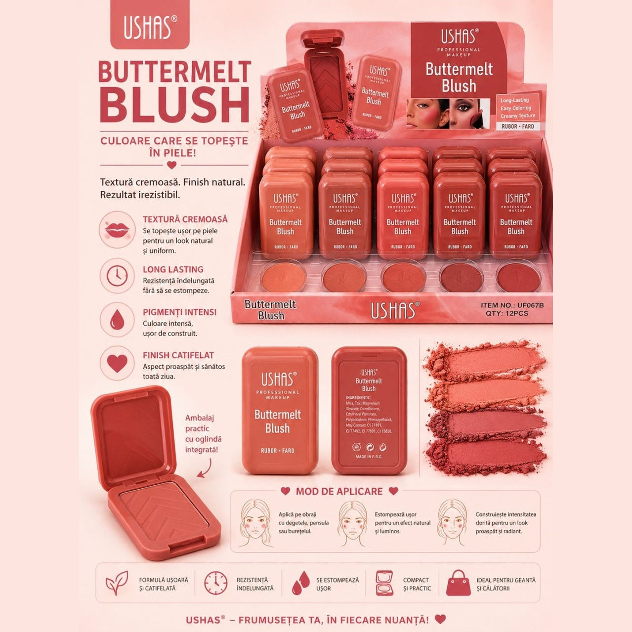 Set 12 Blush-uri USHAS Buttermelt – Nuanțe Nude, Textură Catifelată, Finish Natural