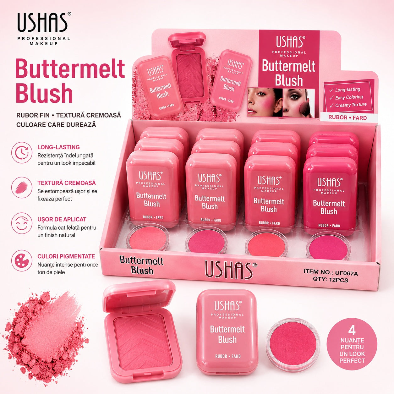 Set 12 Blush-uri USHAS Buttermelt – Nuanțe Roz, Textură Catifelată, Pigmentare Intensă