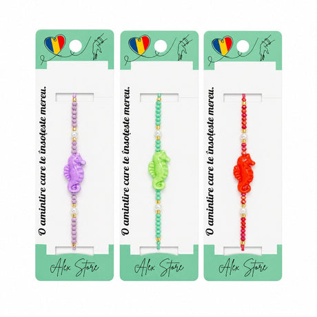 Set 12 Brățări cu Căluț de Mare Reglabile, Multicolore, cu Mărgele, Modele Diverse
