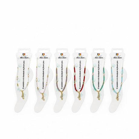 Set 12 bratari de picior Roxe, 20cm, cu calut de mare si perluta, margele colorate, reglabile