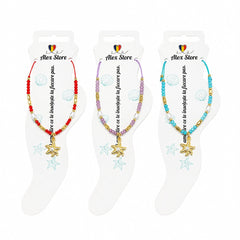 Set 12 bratari de picior Roxe, 20cm, cu steluta de mare si perluta, margele colorate, reglabile