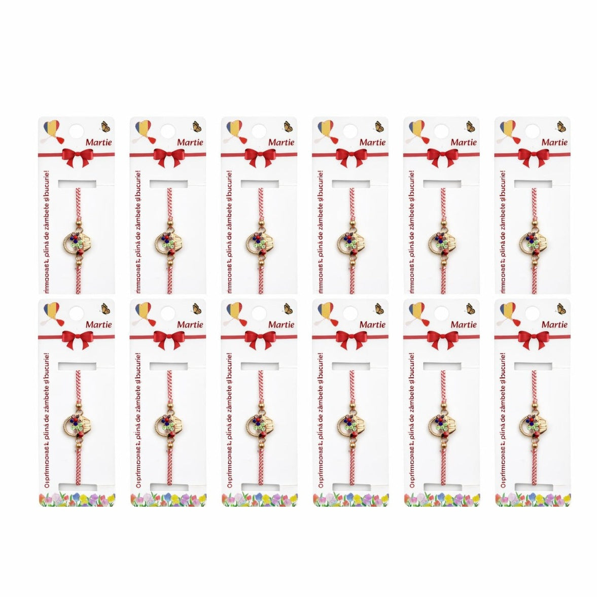 Set 12 Bratari Martisor Cosulet cu Flori si Buburuza, Auriu, Design Premium