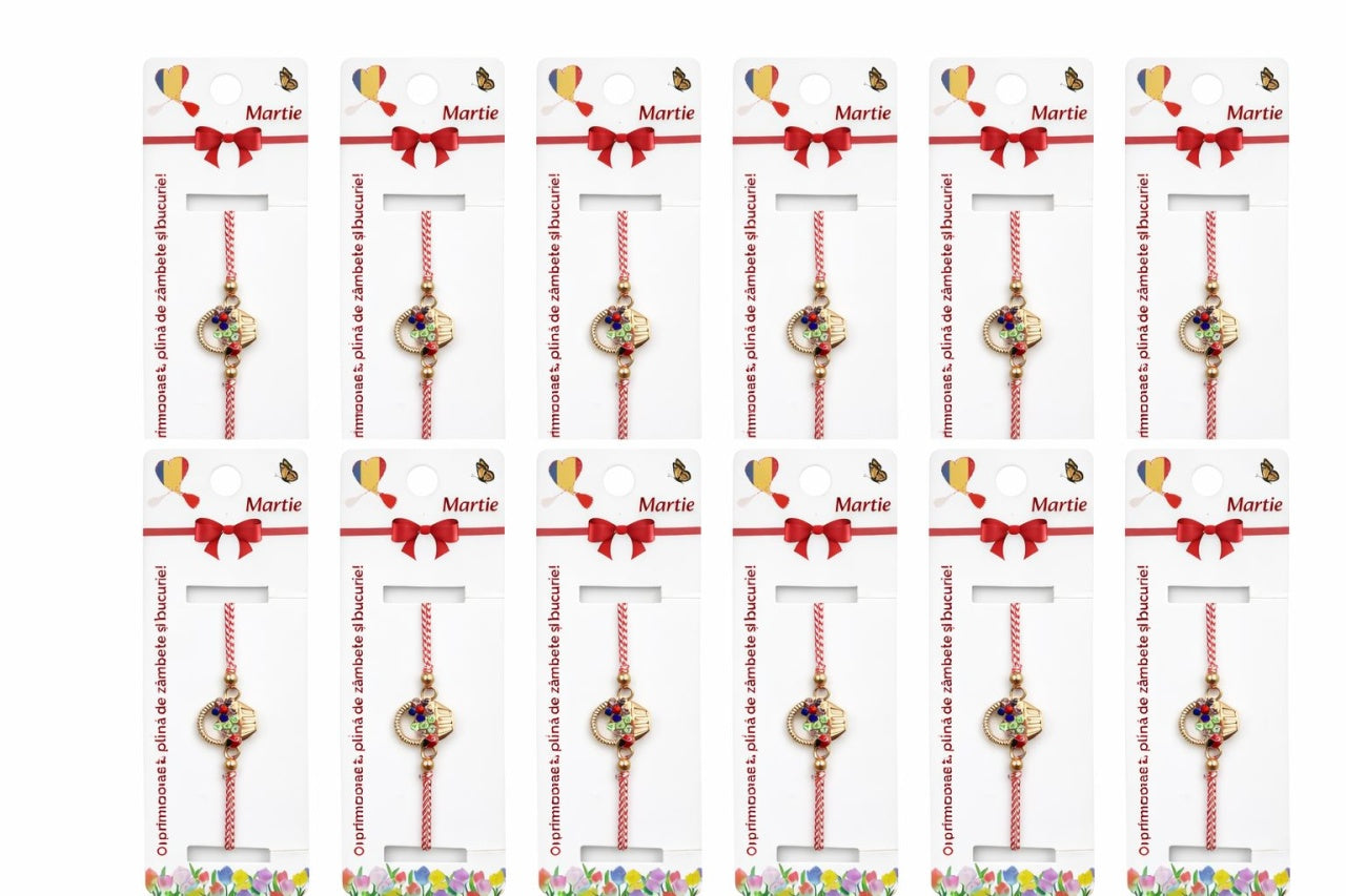 Set 12 Bratari Martisor Cosulet cu Flori si Buburuza, Auriu, Design Premium