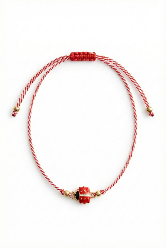 Set 12 bratari martisor cu buburuza rosie, snur reglabil rosu-alb