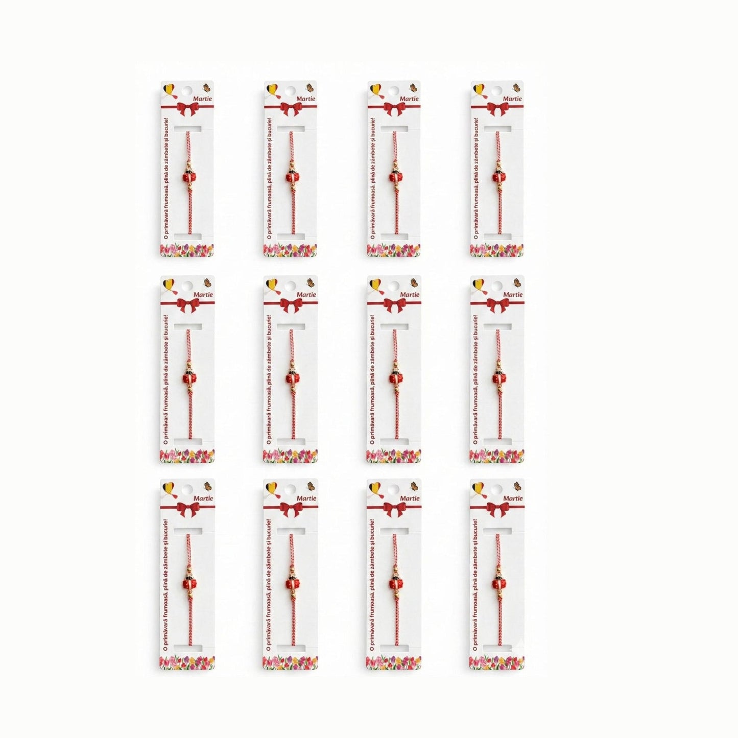 Set 12 bratari martisor cu buburuza rosie, snur reglabil rosu-alb