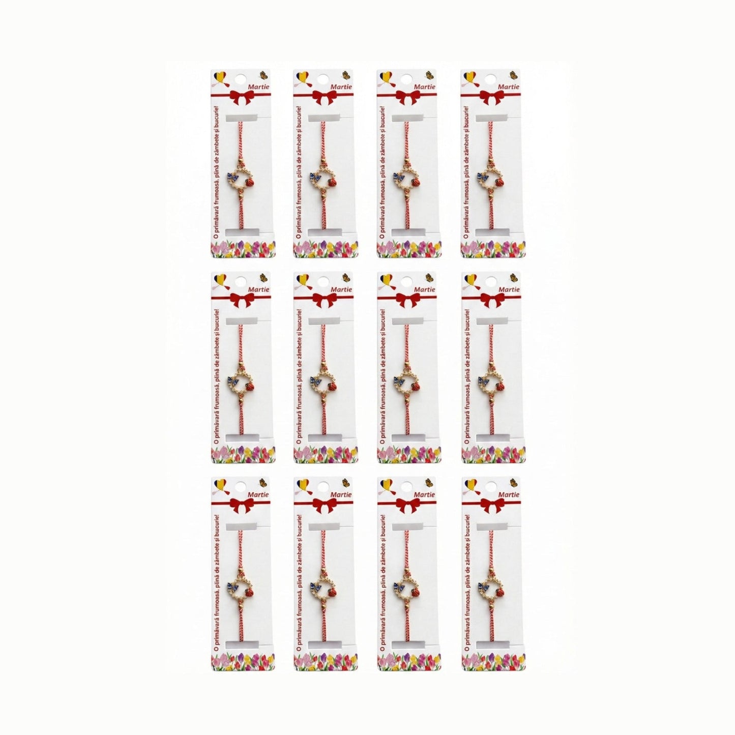 Set 12 bratari martisor cu cerc decorativ, fluture albastru si buburuza, snur reglabil rosu-alb
