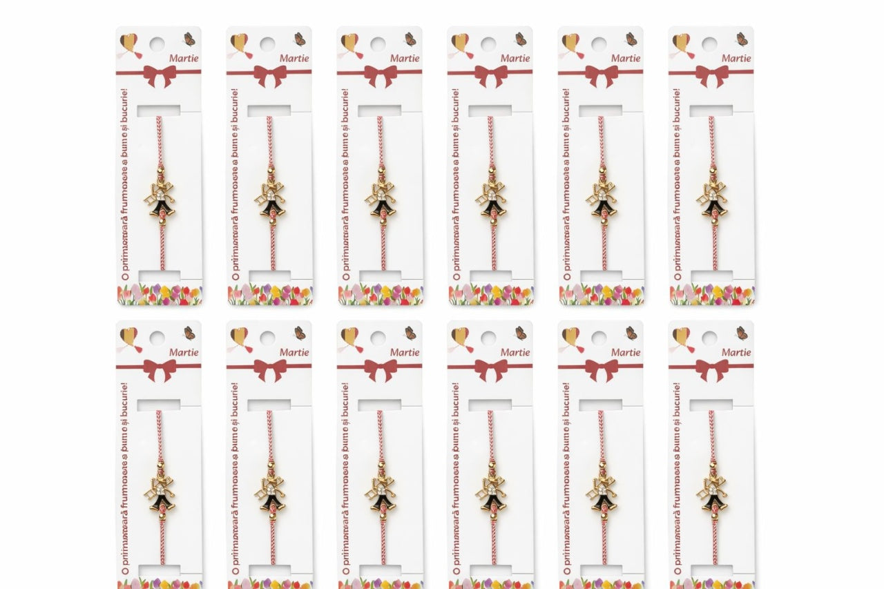 Set 12 bratari martisor cu cosar cu scara, simbol noroc, snur reglabil alb-rosu