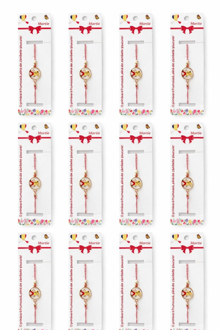 Set 12 bratari martisor cu cosar norocos, snur rosu alb, ambalate individual