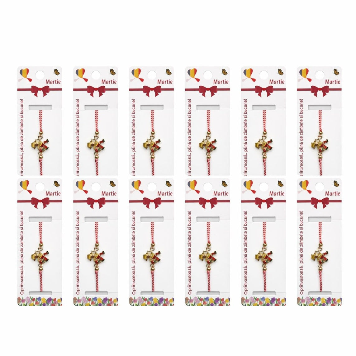 Set 12 bratari martisor cu figurina cosar norocos, snur reglabil rosu-alb