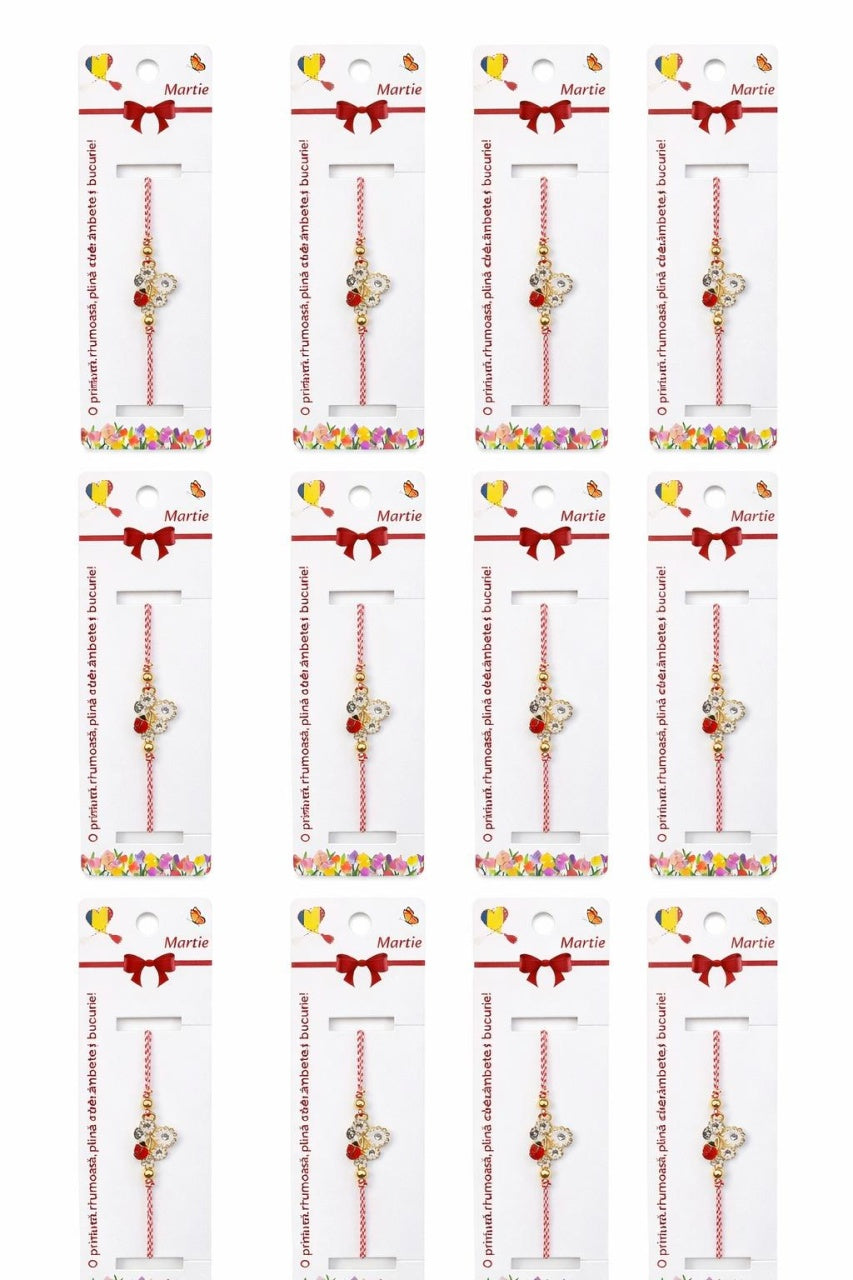 Set 12 bratari martisor cu floare alba si buburuza, snur rosu alb, ambalate individual