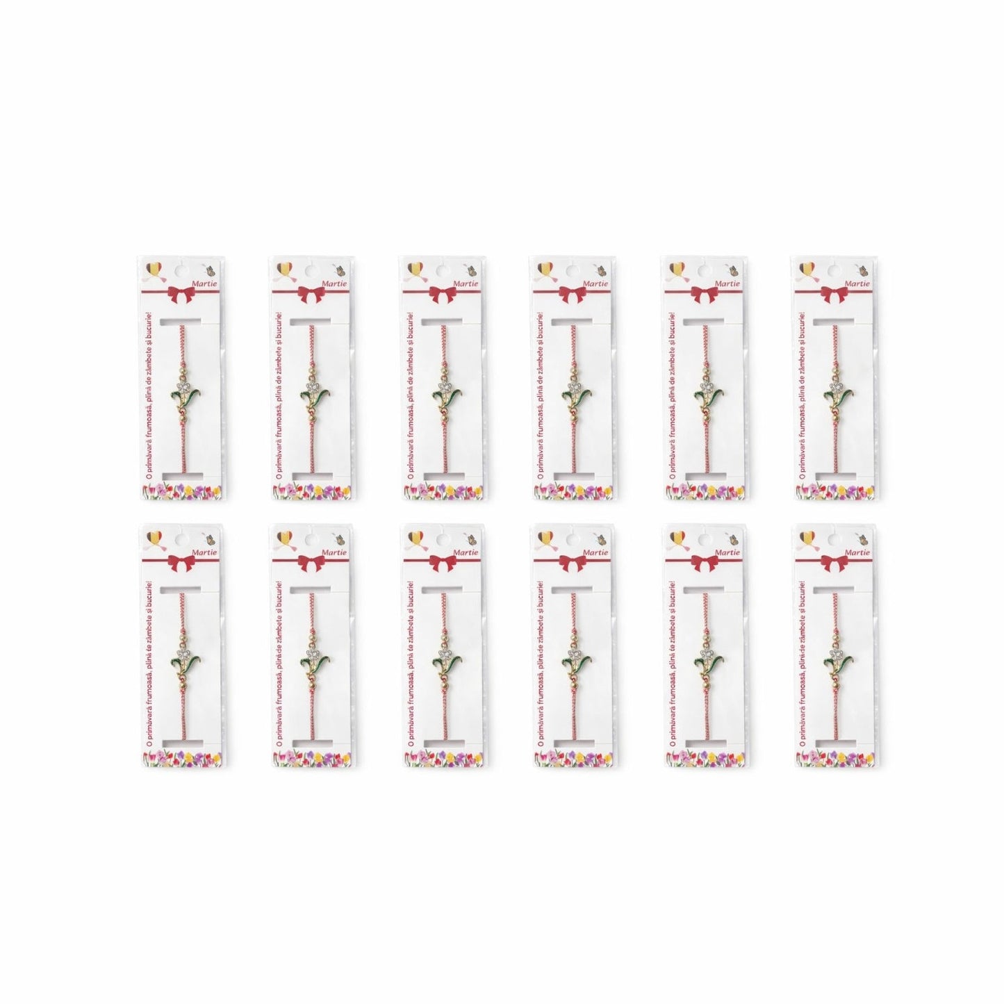 Set 12 bratari martisor cu floare metalica si petale din strasuri, snur reglabil